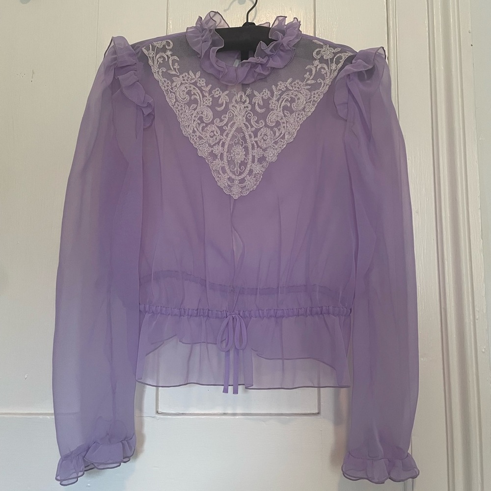 Sheer vintage blouse with embroidered details. The back has two clasp closures.